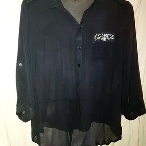 Sheer Black Blouse, with rhinestone accent pocket, size XL